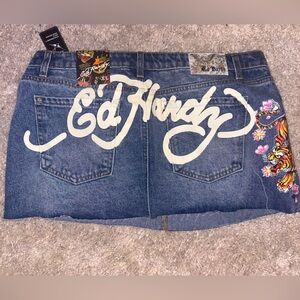 Ed Hardy Women's Blue Denim Skirt with Graphic Design
